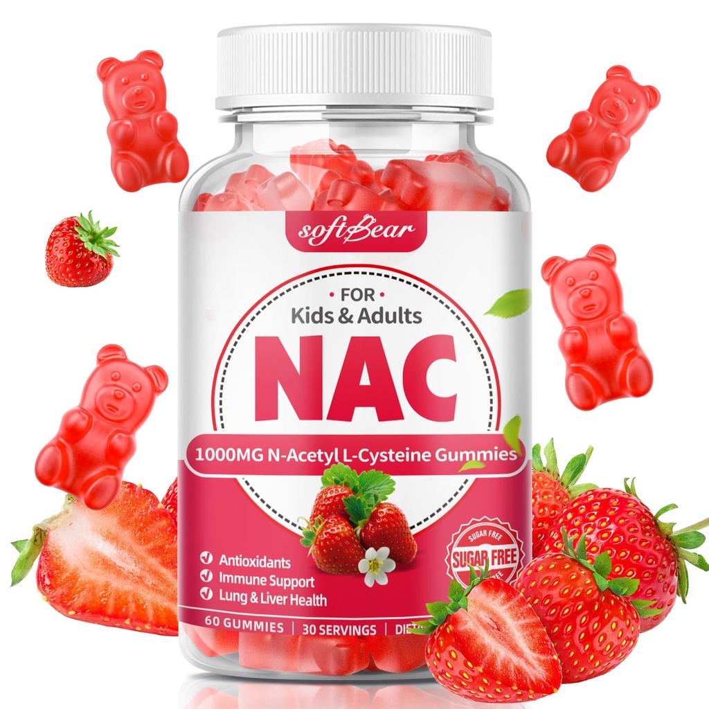 mouthbear NAC Gummies for barn og voksne, NAC Supplement 1000mg N Acetyl Cysteine støtter Lung & Liver Helse, Antioksidanter og immunsystem, Jordbær Flavor 60 greve