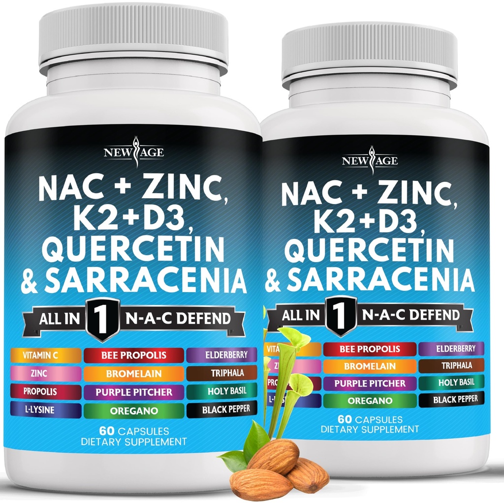 Ny AGE NAC Supplement N-Acetyl Cysteine- med vitamin D3, K2, sink, Quercetin, Triphala, Sarracenia Purpurea, Elderbær, Hellig Basil, Bee Propolis, Bromelain, L-Lysine - 120 greve