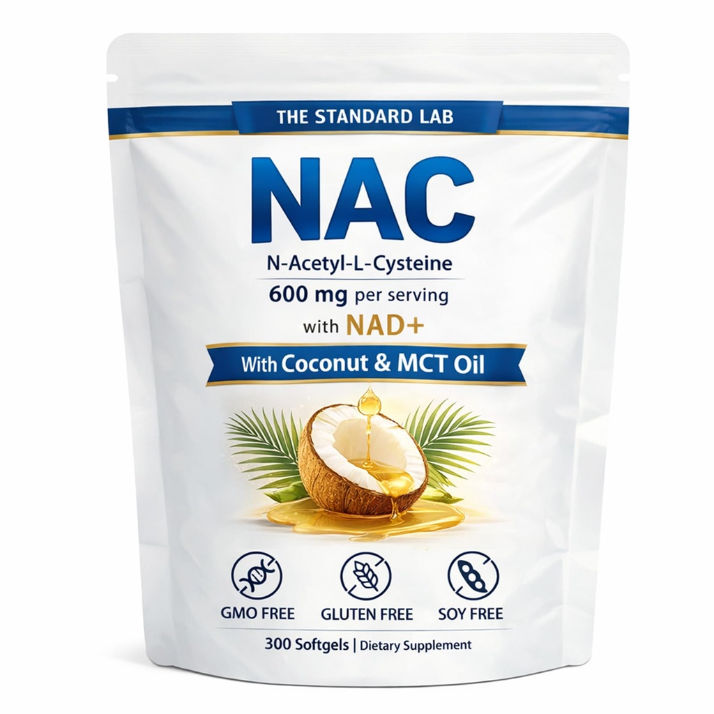 Standard Lab NAC 600mg med NAD+ Daglig kompleks, N-Acetyl Cysteine Supplement Kapsler, Antioksidant støtte formel, Vegansk, Ikke-GMO, Glutenfri, 300 Softgels