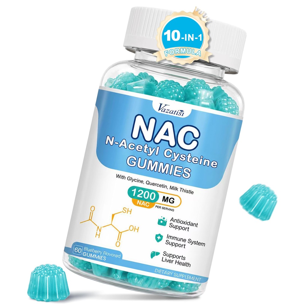 NAC Gummies, NAC Supplement med Melk Thistle, Selenium, B6, B12 - Antioksidant, immunstøtte - N Acetyl Cysteine 600 mg per Gummy - Blåbær Flavored, 60 Cts