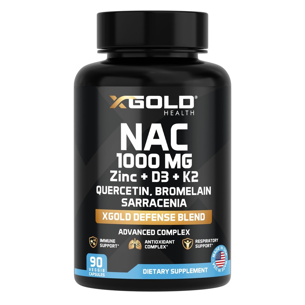 XGold Health NAC 1000 mg med Quercetin 95%, Bromelain, sink, vitamin C, D3 & K2 immun støtte og antioksidant Supplement Avansert Forsvar Bland 90 Veggie kapsler