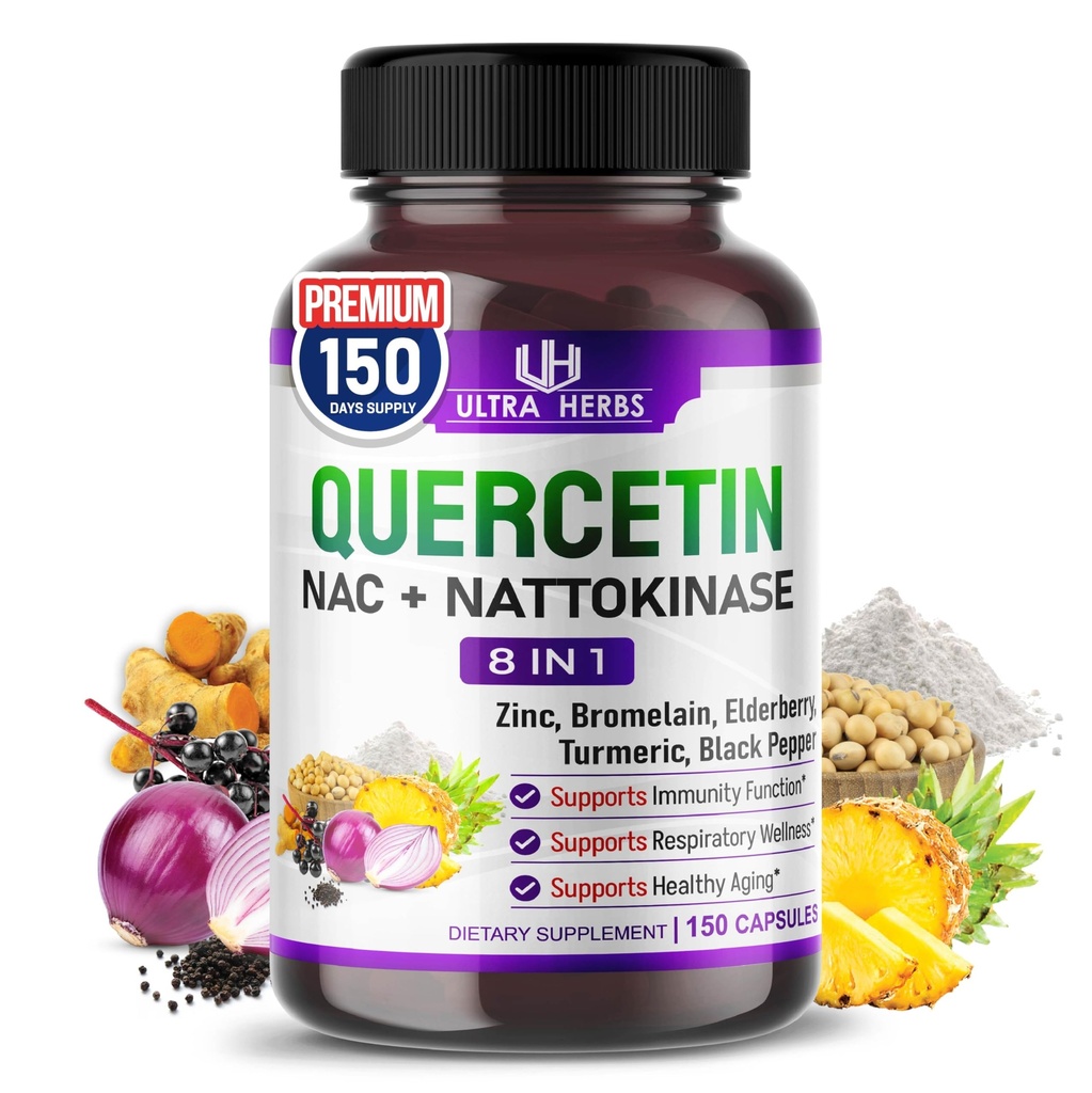Quercetin Supplement med Bromelain, vitamin C og sink, Nattokinase, NAC, Elderberry, Elderberry | 8 i 1 Ultra Antioksidant Kompleks for immun helse | 150 kapsler