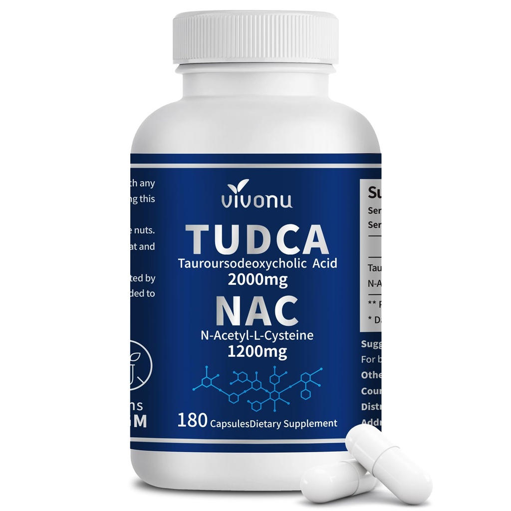VivoNu TUDCA 2000mg + NAC 1200mg Supplement Complex Capsules, Kraftig TUDCA Bile Salt + N Acetyl Cysteine, Antioksidant Kosttilskudd for Liver & Lung & Gallbladder Cleanse, Digestion - 180 Kapsler