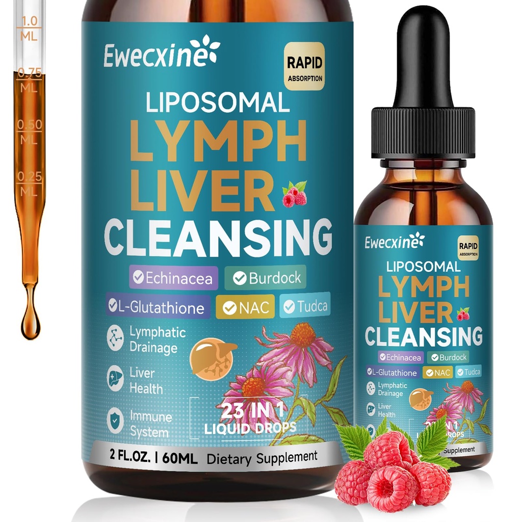 Liposomal lymfatisk dressing og lever rengjøringsdråper, 23-i-1 med Echinacea, NAC, TUDCA, L-Glutathione, Burdock for Lymph, Liver Detox & Repair, Immun støtte, bringebær Flavor, 2 floz Supplement