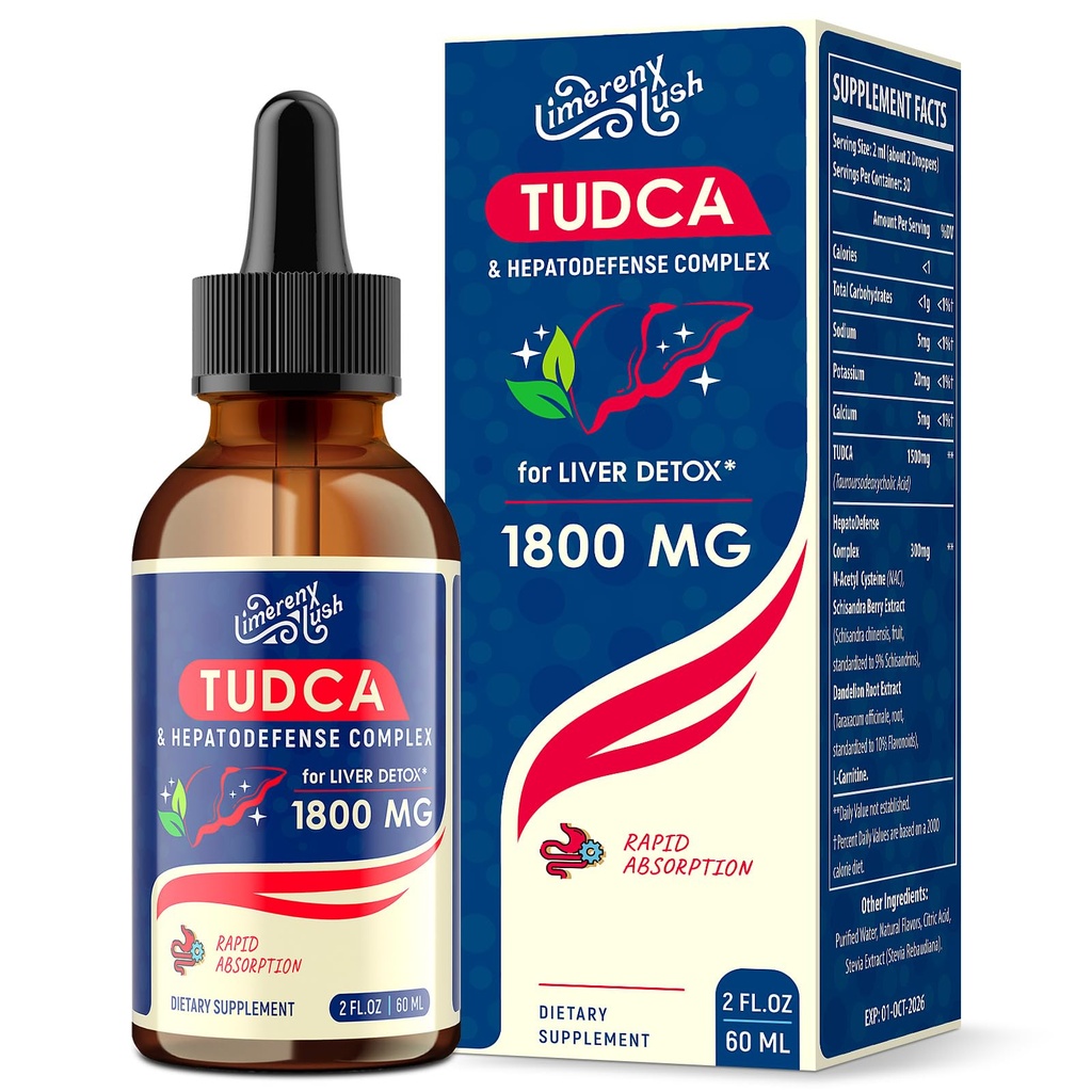 TUDCA Liver Support Drops 1800mg - Kraftig Liver Supplement med Bile Salts, NAC, Schisandra og Dandelion, Liver Detox & Repair - Raskabsorbering, Sukkerfri, alkoholfri – 2 Fl.Oz