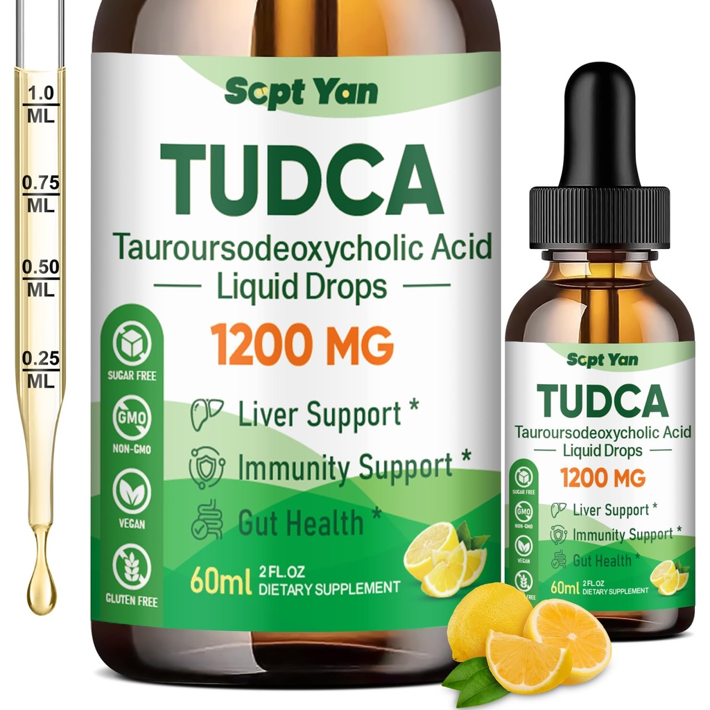 TUDCA Supplement 1200mg flytende dråper, Liver Supplement med TUDCA, NAC, Melk Thistle Seed og Dandelion , for Liver Support, og Gallblader Cleanse & Repair, Sukkerfri, Vegan, Lemon Flavor, 2 Fl Oz