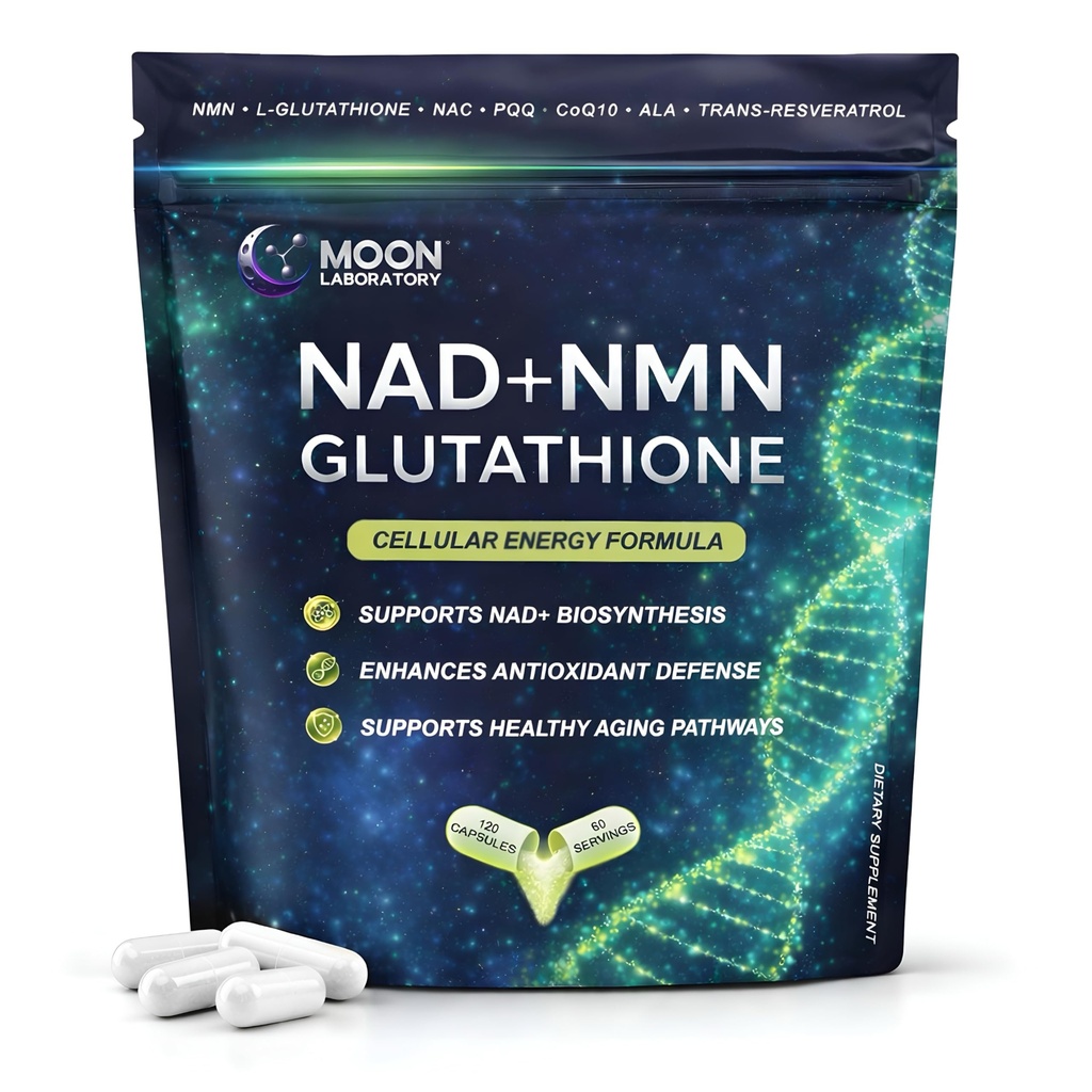 NMN + L-Glutathione Supplement – NAD+ Støtte, Mitochondrial Energi & Antioksidant Forsvar med CoQ10, NAC, PQQ & Alpha Lipoic Acid – 120 Kapsler. Påfyllspakke