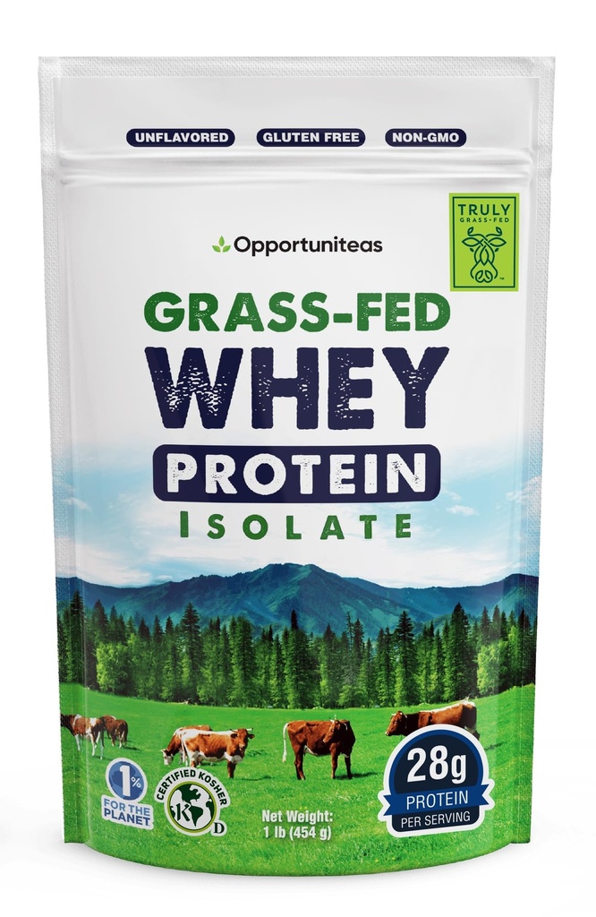 Opportuniteas Grass Fed Whey Isolate Protein Powder - Unflavored, Heavy-Metal Tested, 28g Protein, kildet fra Irland, Hormonfri, Ikke-GMO, pakket i USA - 1lb