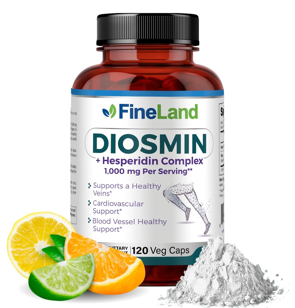 FineLand Diosmin & Hesperidin Complex, Premium Advanced Formula, 1000 mg, Blodstrøm og sirkulasjonsstøtte, 120 kapsler, 100% vegan, Alt naturlig