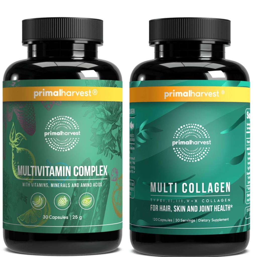 Primal Harvest Multivitamin & Kollagen Kosttilskudd for kvinner og menn Multi Vitamin Kapsler og collagen Peptides Piller Bundle