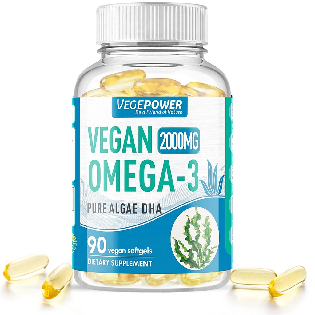 Vegan Omega-3 Algae DHA Kosttilskudd - 2000mg Algae Olje, Plantebasert prenatal Algal DHA, 90 Carragenean Free Softgels -Stainable Fish Oil Alternative støtter hjerne, hjerte, øyne, felles helse