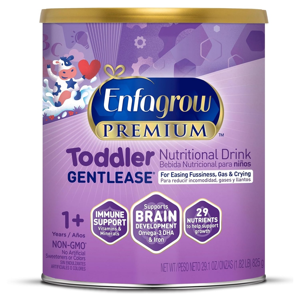 Enfagrow PREMIUM Gentlease Toddler Ernæringsdrikk, laget med ekte melk, designet for å ease fussighet, gass & gråte, Brain-building Omega-3, næringsstoffer for vekst og immunstøtte, pulver kan, 29.1 Oz