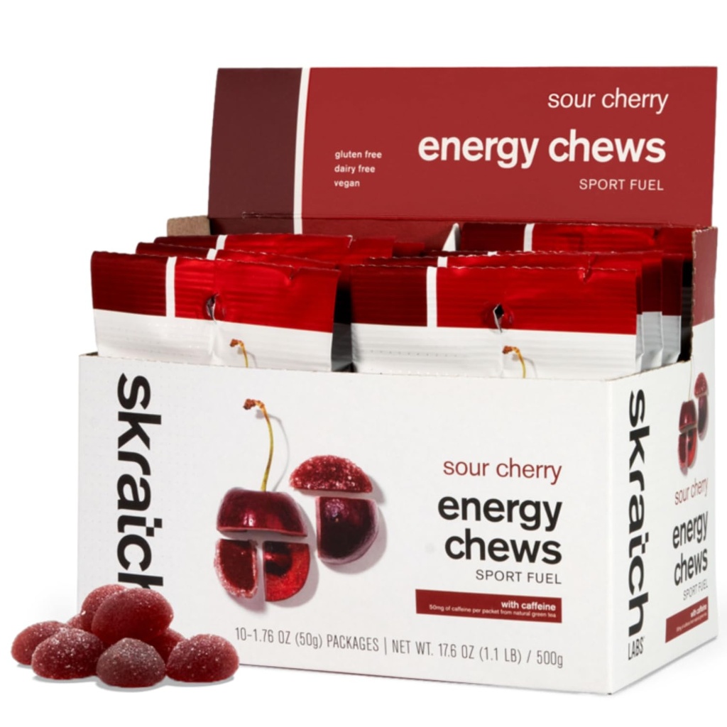 Skratch Labs Energi Chews | Koffein Gummies for løp, sykling og idrettsytelse | Gel Alternativ | Sour Cherry (10 Pack) | Glutenfri, Vegan