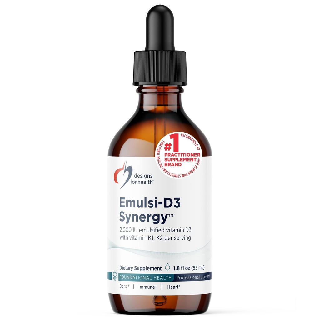 Designs for Helse Emulsi-D3 Synergi 2000 IU Vitamin D Flytende med vitamin K - Emulgert flytende D3 K2 Drops for immunsystemstøtte og bein helse - Glutenfri + ikke-GMO (55 Services / 1.8oz)