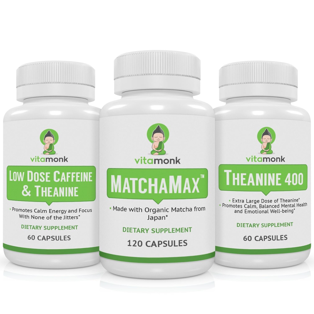 VitaMonk Matcha, Lav Dose Koffein og Theanine Bundle - rolig, fokusert energi uten Jitters