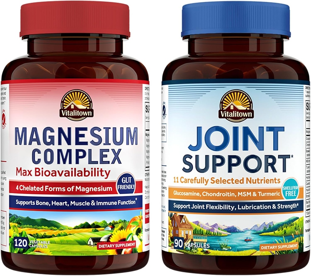 Vitalitown Magnesium + glukosamin Chondroitin MSM Bundle (pakke med 2) | Magnesiumkompleks (artikkel 1) & felles støtte* (artikkel 2) 120 Magnesiumkapsler og 90 felles kapsler
