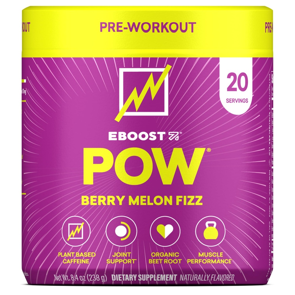 EBOOST POW Natural Pre Workout pulver - 20 serveringer - Berry Melon Fizz - Pre Workout Supplement for ytelse, felles mobilitet støtte, energi, fokus - menn og kvinner - ikke-GMO, Glutenfri, Ingen kreatin