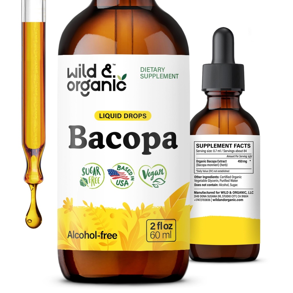 Wild & Organic Bacopa Tinktur - Støtter rolig, fokus, klarhet - Bacopa Monnieri Supplement Væske - alkoholfrie dråper med Brahmi Extract - Vegansk, sukkerfri - 2-måneders Supply - 2 fl oz