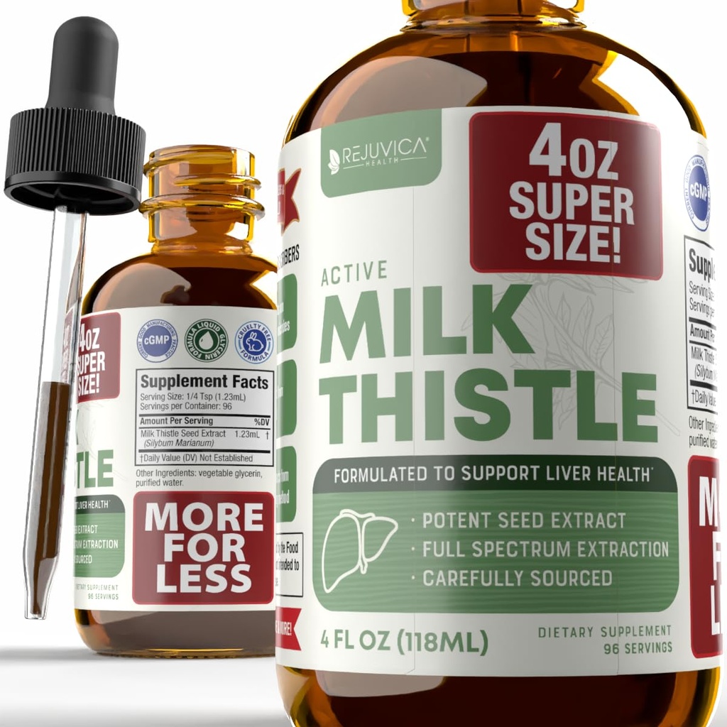 Rejuvica Health Active Milk Thistle 4oz XL Super Størrelse - Avansert melk Thistle frø flytende ekstrakt dråper - kan støtte leveren - vegansk sukkerfri ikke GMO Tinktur