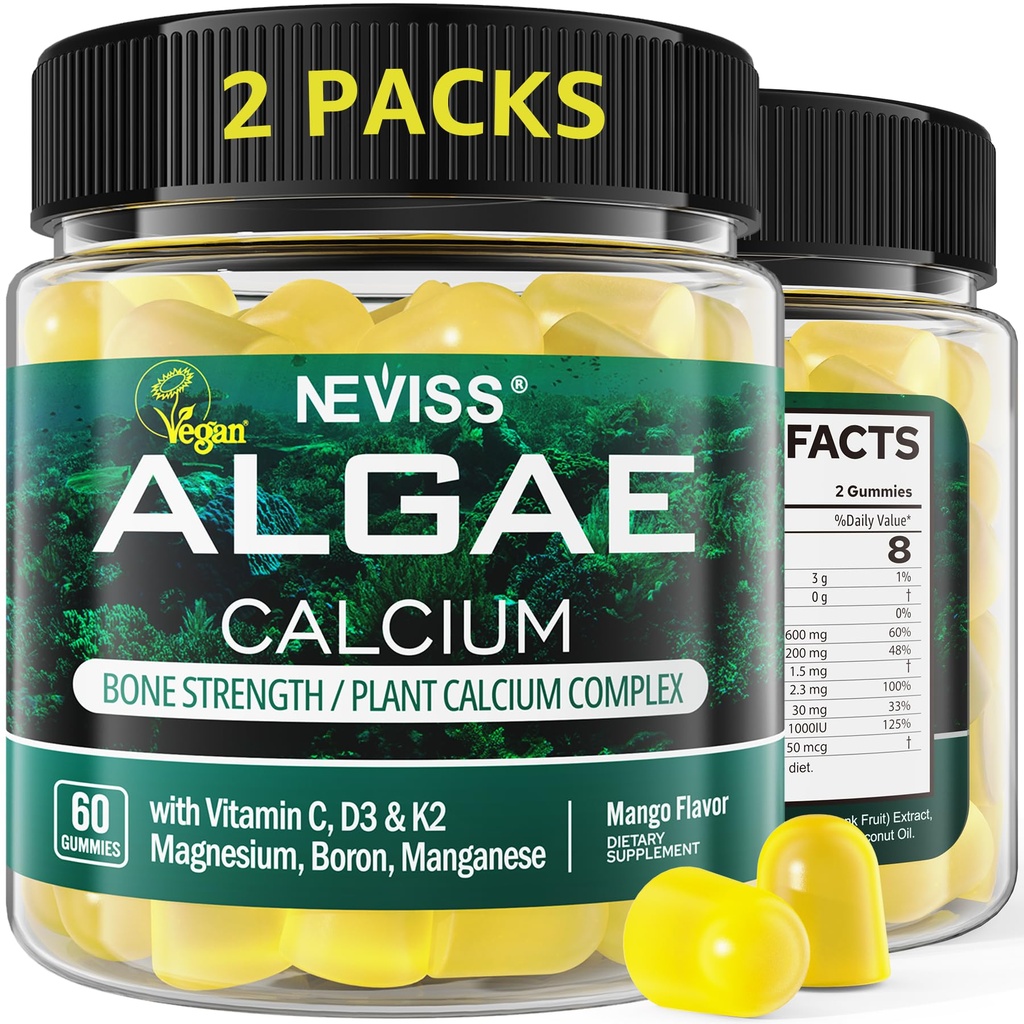 (2 Pakke) Kalsium Gummies for kvinner, sukkerfri kalsium Supplement fra bærekraftig algae (3rd Party testet) med vitamin D3 K2, C, sink, bor, mangan for bein styrke, kalsium absoption, vegansk