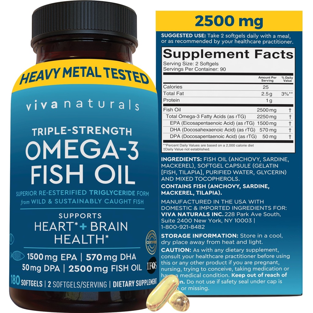 Triple Styrke Omega 3 Fiskeolje Supplement for menn og kvinner – 2500 mg høy potens, lett å absorbere re-esterifisert triglycerid Form, pescatarisk-vennlig DPA EPA DHA Omega 3 Supplement, 180 Softgels