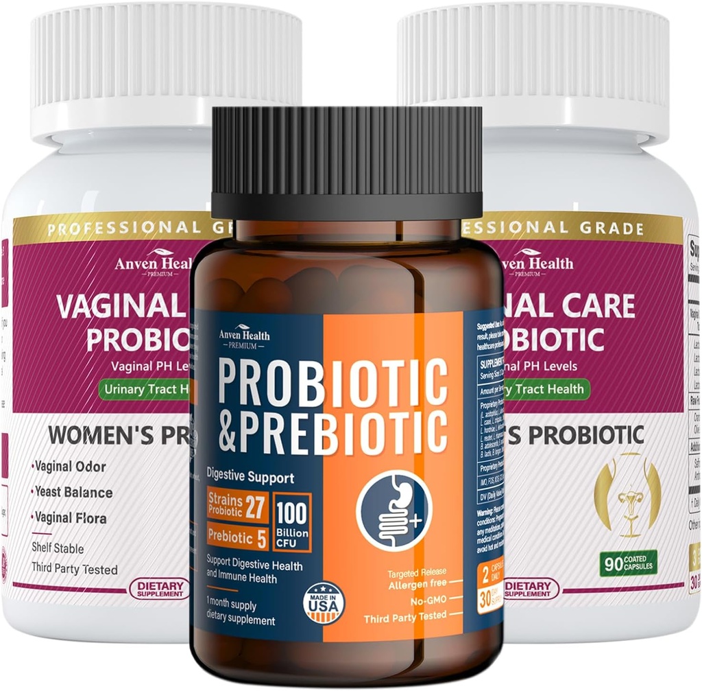 Kvinners Vaginal Probiotika + 100 milliarder probiotika med organiske prebiotika for Gut Digestive & Immune Health Bundle - total velvære, inne og ute!
