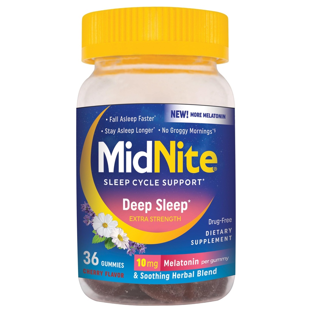 MidNite dyp søvn ekstra styrke, 10 mg melatonin søvnhjelp, ikke-habitforming, herbal kosttilskudd for voksne, narkotikafri, glutenfri, saltvannsfri, vegetarisk-vennlig, 36 gummier