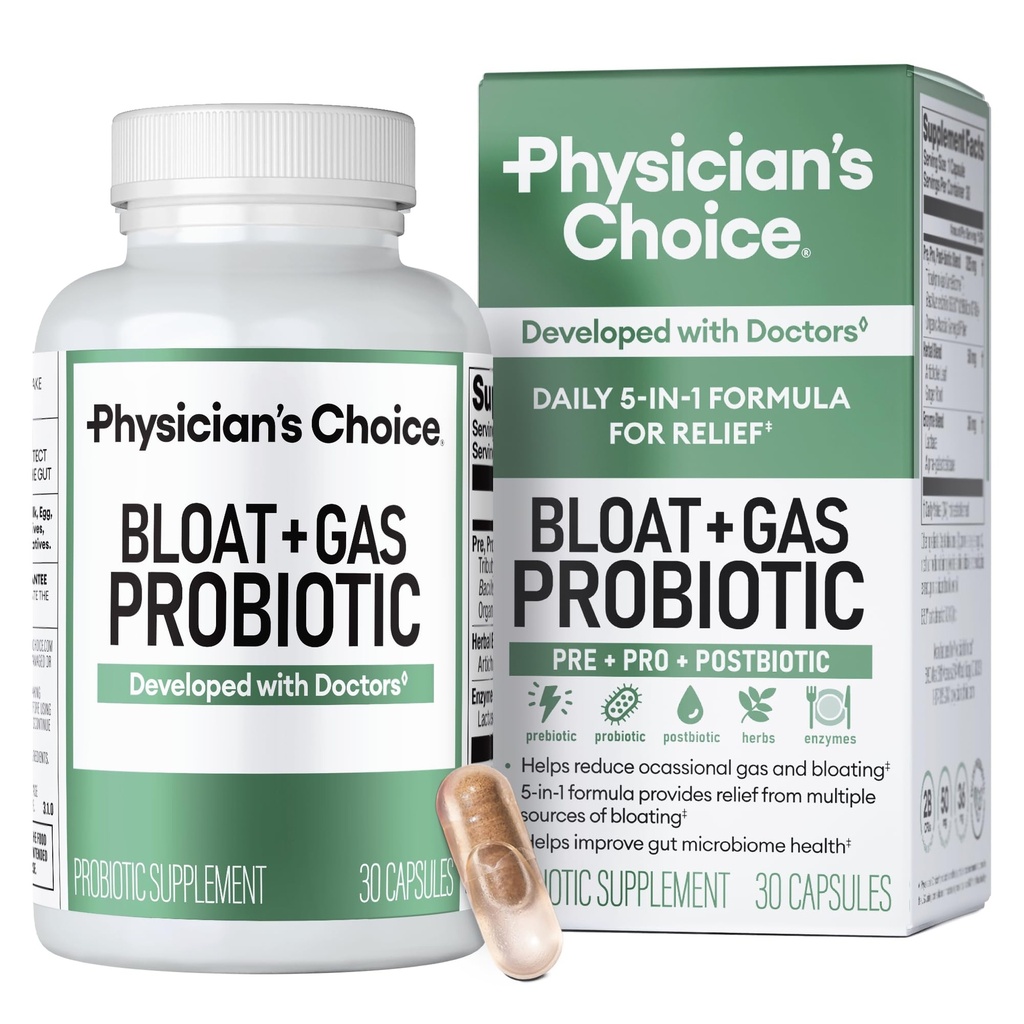 Legens CHOICE Bloat & Gas Probiotic 5-i-1 Proaktiv støtte + Daglig relief - Digestion & Gut Helse- Herbals, Digestive Enzymer, Post & Prebiotika - Gass lindring for voksne - kvinner og menn - 30ct