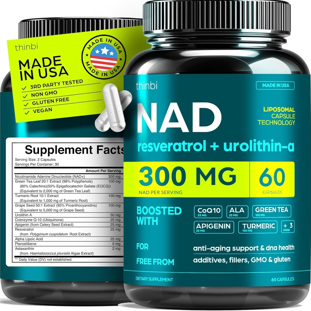 NAD Supplement 300Mg Extra Styrke NMN Alternativ Liposomal + Grønn Te for kvinner og menn w/ Urolithin A, Resveratrol, CoQ10, Alfa Lipoic Acid