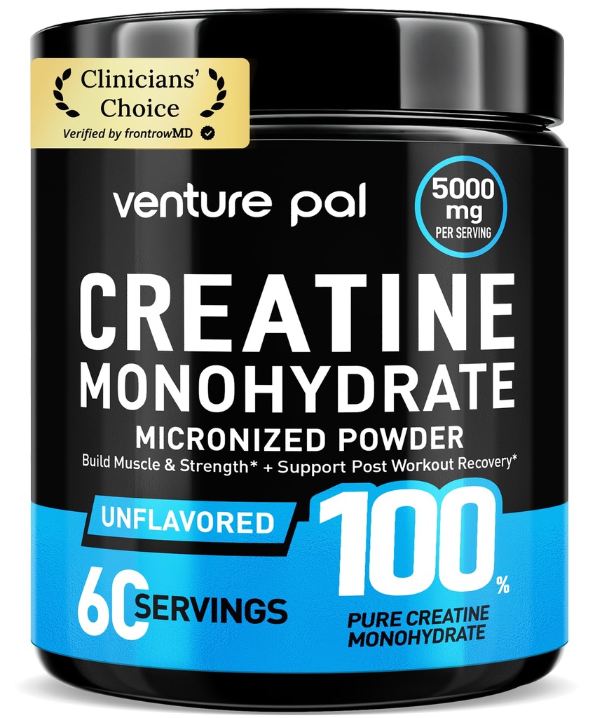 Venture Pal 100% ren mikronisert kreatinmonohydrat pulver, uflavorert kreatin for kvinner og menn, vegansk, keto, glutenfri, 5 g (5000mg) per servering, kreatina Monohidratada en Polvo