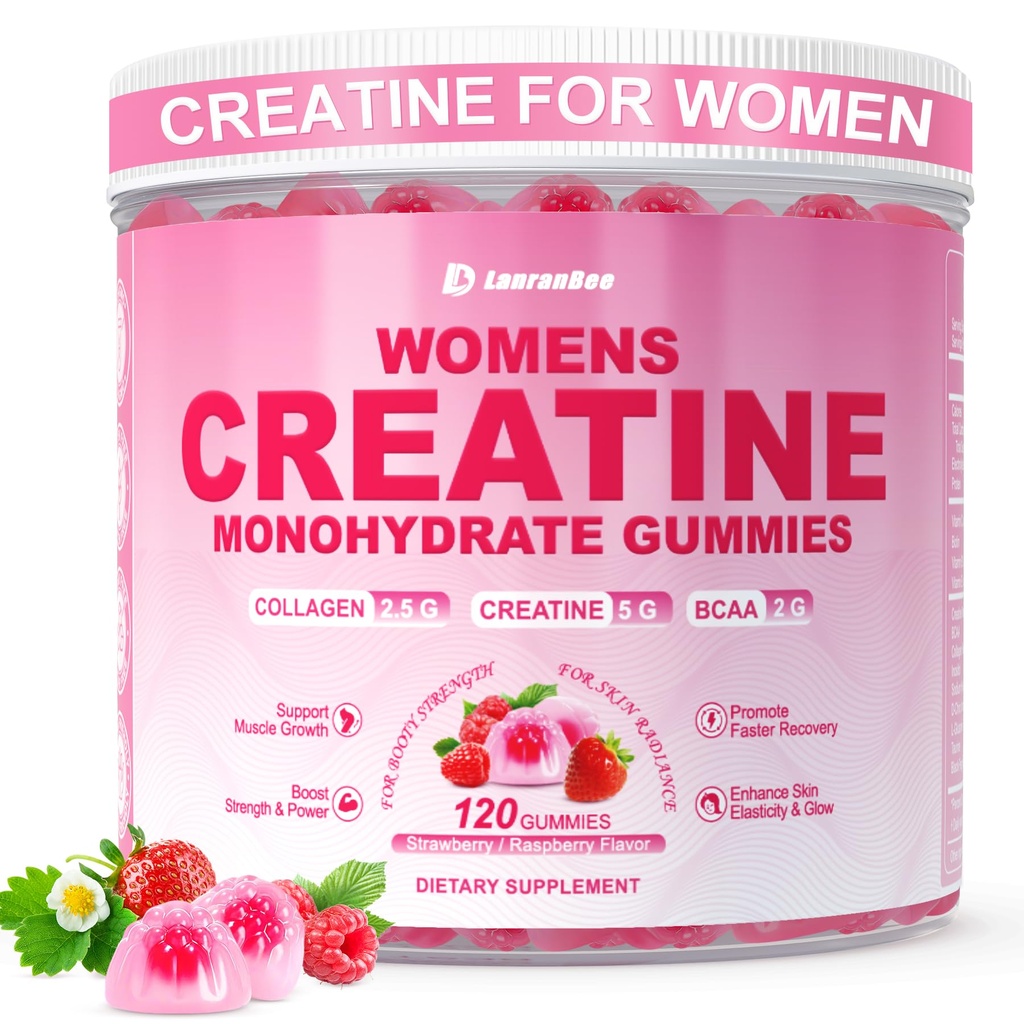 Kreatin for kvinner, Kreatin Monohydrat Gummier med kollagen, BCAA, L-karnitin & Taurin, Jordbær Flavor, Energi Kreatin Supplement for muskelstyrke, Energiforsterkning, Sukkerfri, 120 greve