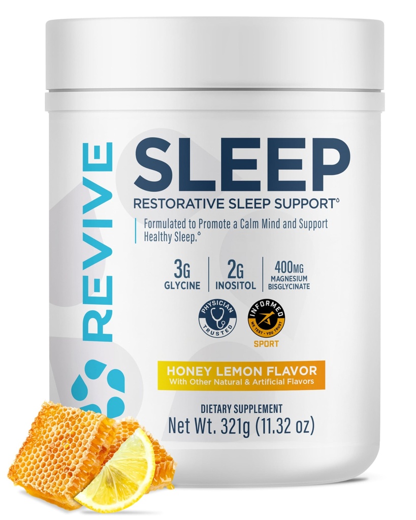 Revive MD Sleep Support Supplement for voksne, honning sitron - søvntilskudd med magnesium (Glycinate), Inositol, Glycine & L-Theanine - fremmer avslapning og søvn helse