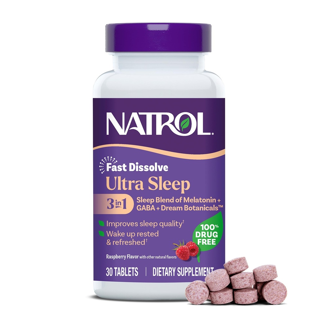 Natrol Ultra søvn 3-i-1 100% Drug-fri søvnhjelp blanding med melatonin, GABA & Botanicals, Dietary Supplement, Ikke-Habit Forming, 30 raske oppløsning tabletter
