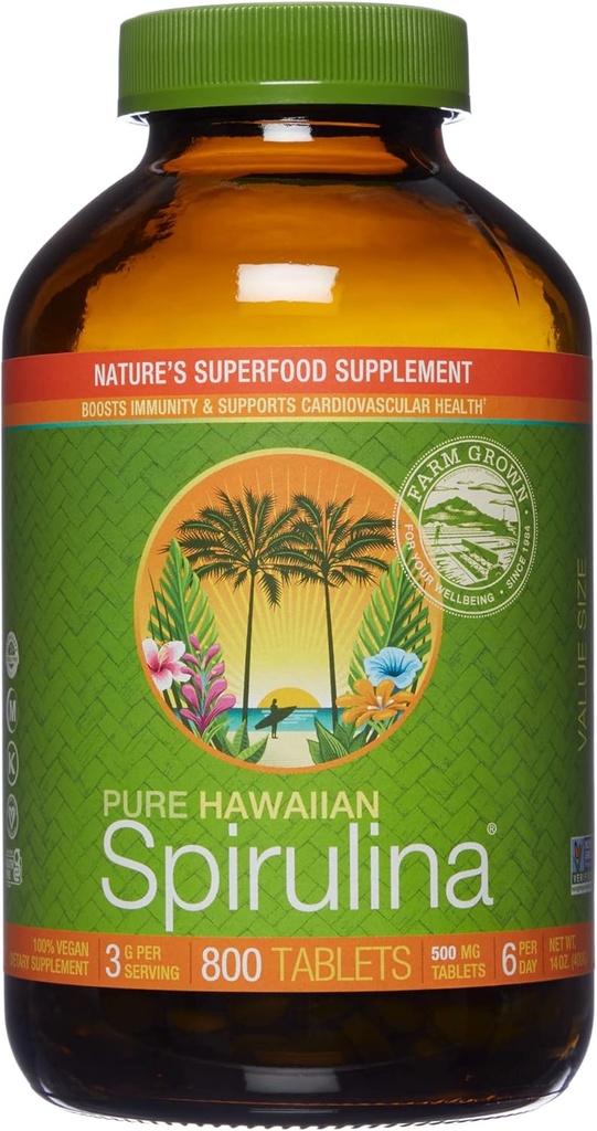 Nutrex Hawaii, ren hawaiisk spirulina 500 mg, vegansk, støtter immunsystem, hjerte, celler og energi, 800 tabletter