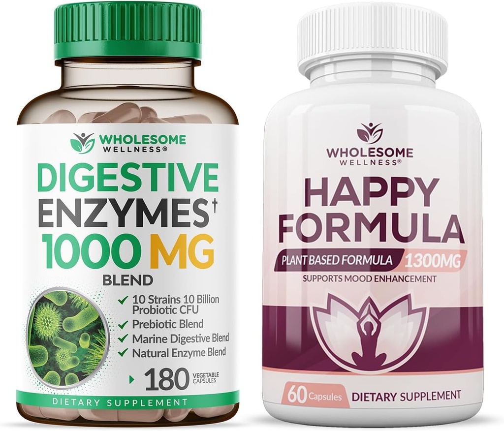 Helsome Wellness Digestive Enzymes 1000MG Plus Prebiotika og probiotika Supplement + Happy Formula Natural Stress Formula Relief Supplement for kvinner og menn