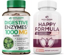 Helsome Wellness Digestive Enzymes 1000MG Plus Prebiotika og probiotika Supplement + Happy Formula Natural Stress Formula Relief Supplement for kvinner og menn