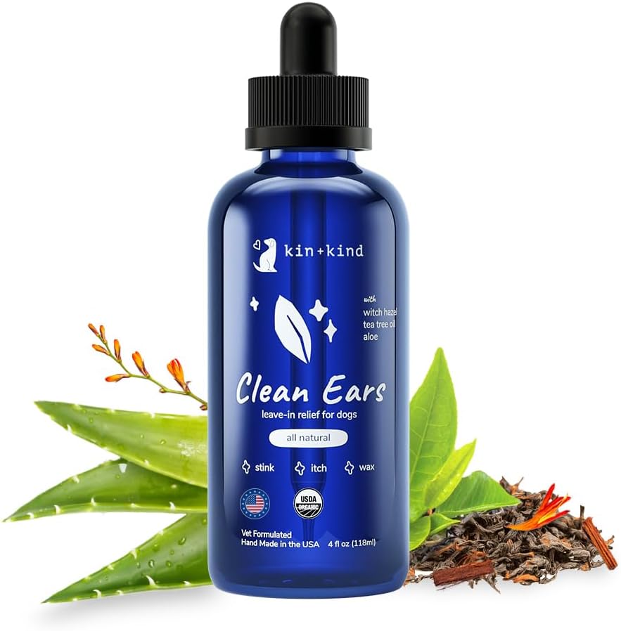 kin+kind hund ørerenseløsning - organisk hund ørevask og enkel å bruke øredråper for hunder - rengjøring Wax, Dirt & Odor - Gentle ørerensing w/witch hazel, Aloe Vera & Tea Tree Oil - laget i USA 4 fl oz