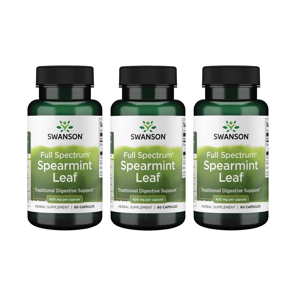 Swanson Spearmint Leaf (Mentha Spicata)-Full Spectrum Herbal Supplement støtter Digestive Helse & Mild Mageproblemer - (60 Kapsler, 400 mg Hver) 3 Pakke