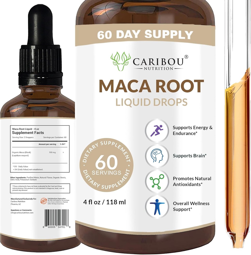 Maca Root Fluid Drops Premium Organic Maca Root Extract ® Maca Supplement for forbedret Mood & Vitality ® 60 Serveringer ® 4 Fl Oz