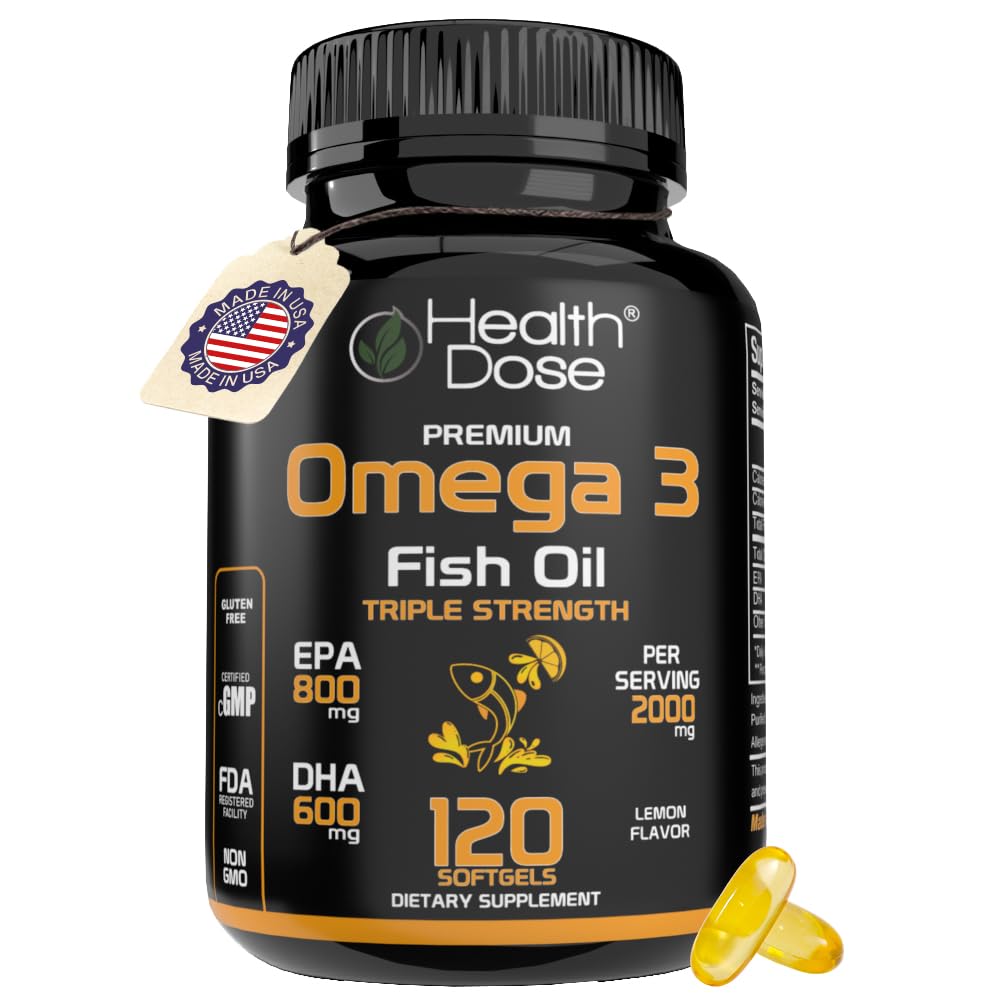 Helse Dose Omega 3 Fiskeolje 2000mg – Lemon-Flavored Softgels med EPA 800mg & DHA 600mg for hjerne, hjerte og velvære støtte – lett å digest, ingen fisk Burps – 120 Softgels, 2-måneders forsyning