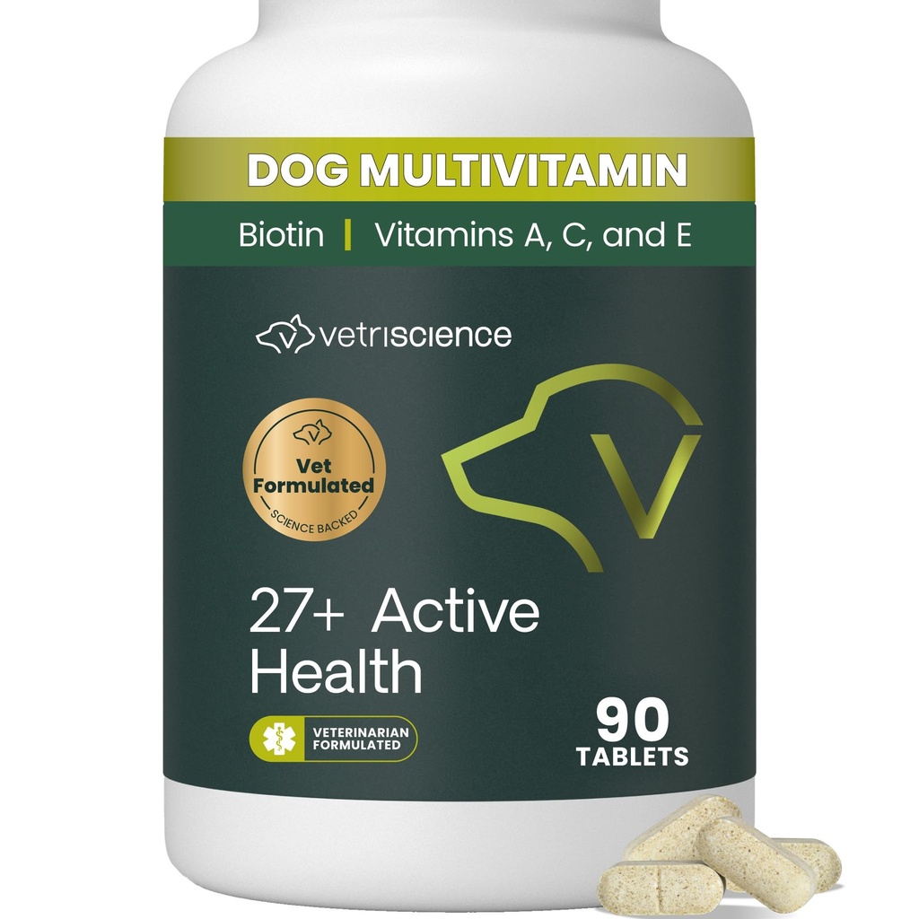 VetriScience 27+ Aktive helse Chewable tabletter, Canine Plus daglig multivitamin for valper og voksne hunder, balansert vitaminer, mineraler og antioksidanter, helse og velvære støtte, Duck, 90 count