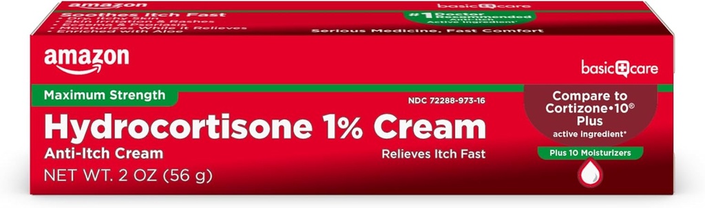 Grunnleggende omsorg Maksimal styrke Hydrokortison 1 prosent Anti-Itch Cream Plus 10 moisturizere, 2 ounce (pakke med 1)
