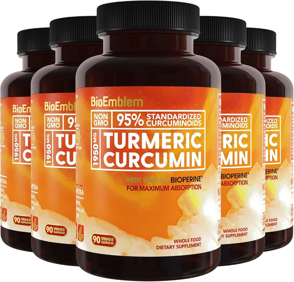 BioEmblem Turmeric Curcumin Supplement med BioPerine | Felles støtte og hjerte helse | med organisk gurkemeie pulver & 95% curcuminoids | California laget, ikke-GMO, 150-dagers forsyning