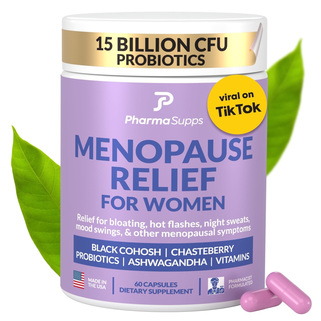 Naturlige Menopause Supplementer for kvinner - Perimenopause Supplements for Hormonal Balance, Bloating & Mood Swings | Hot Flashes Menopause Relief w/Probiotika & Prebiotika, Black Cohosh & Chasteberry