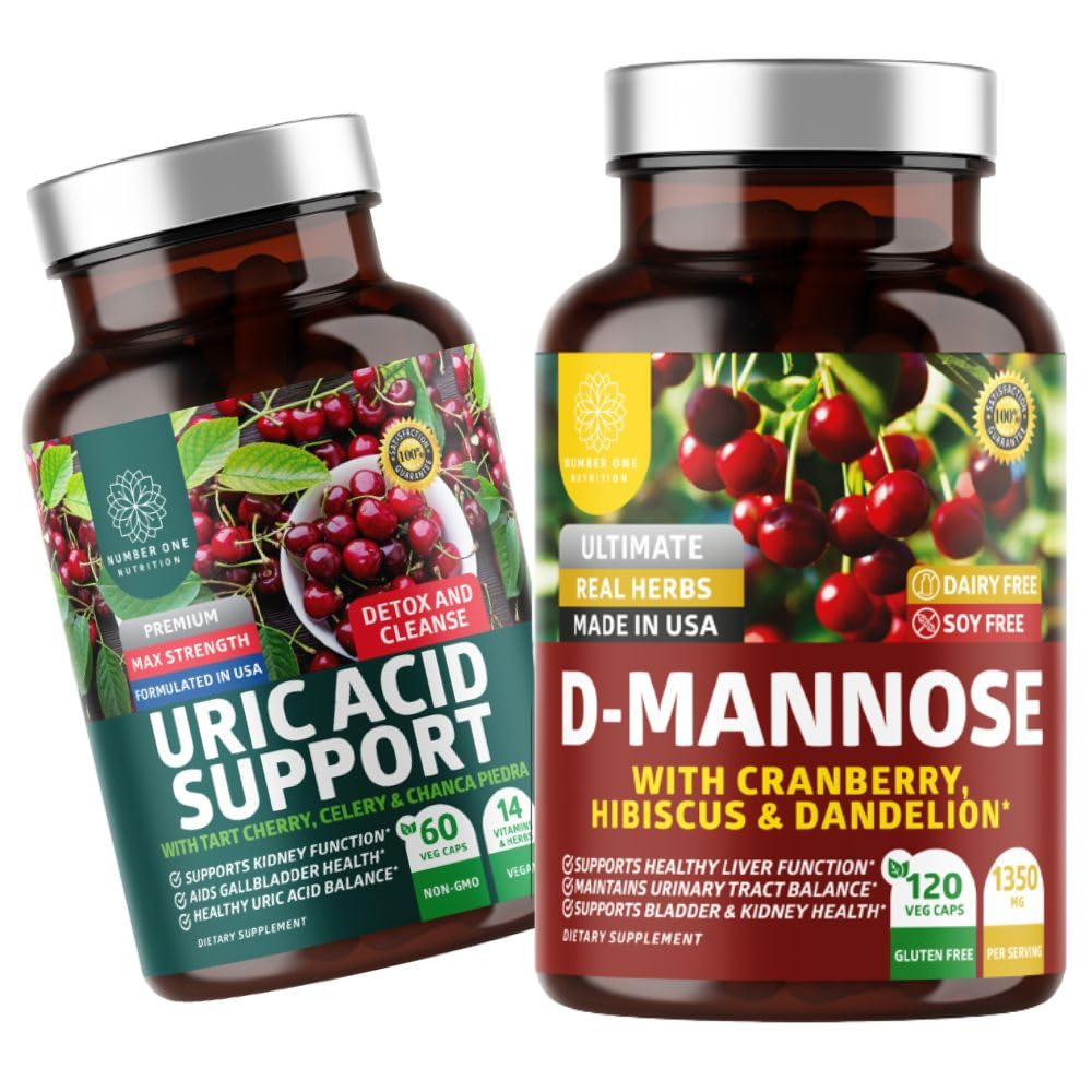 Nummer 1 Ernæring N1N Premium D-Mannose med Cranberry & Hibiscus [1350mg], 120 kapsler og Uric Acid støtte med 14 Potent urter, 60 kapsler, 2 pakke Bundle