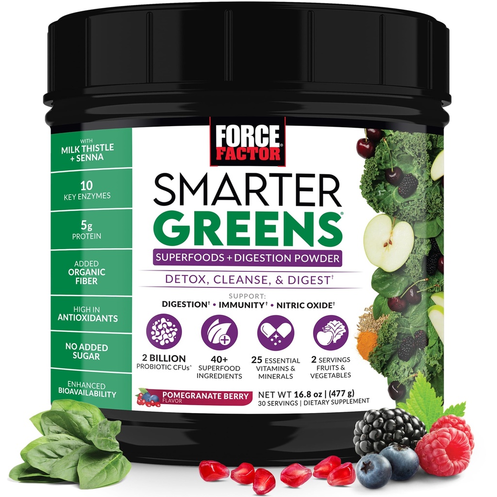 Force Factor Smartere Grønn Superfoods pulver til støtte digestion, Gut helse, Bleating, Grønn pulver med probiotika, Prebiotika, Digestive Enzymer, & Adaptogens, Pomegranate Berry, 30 Services