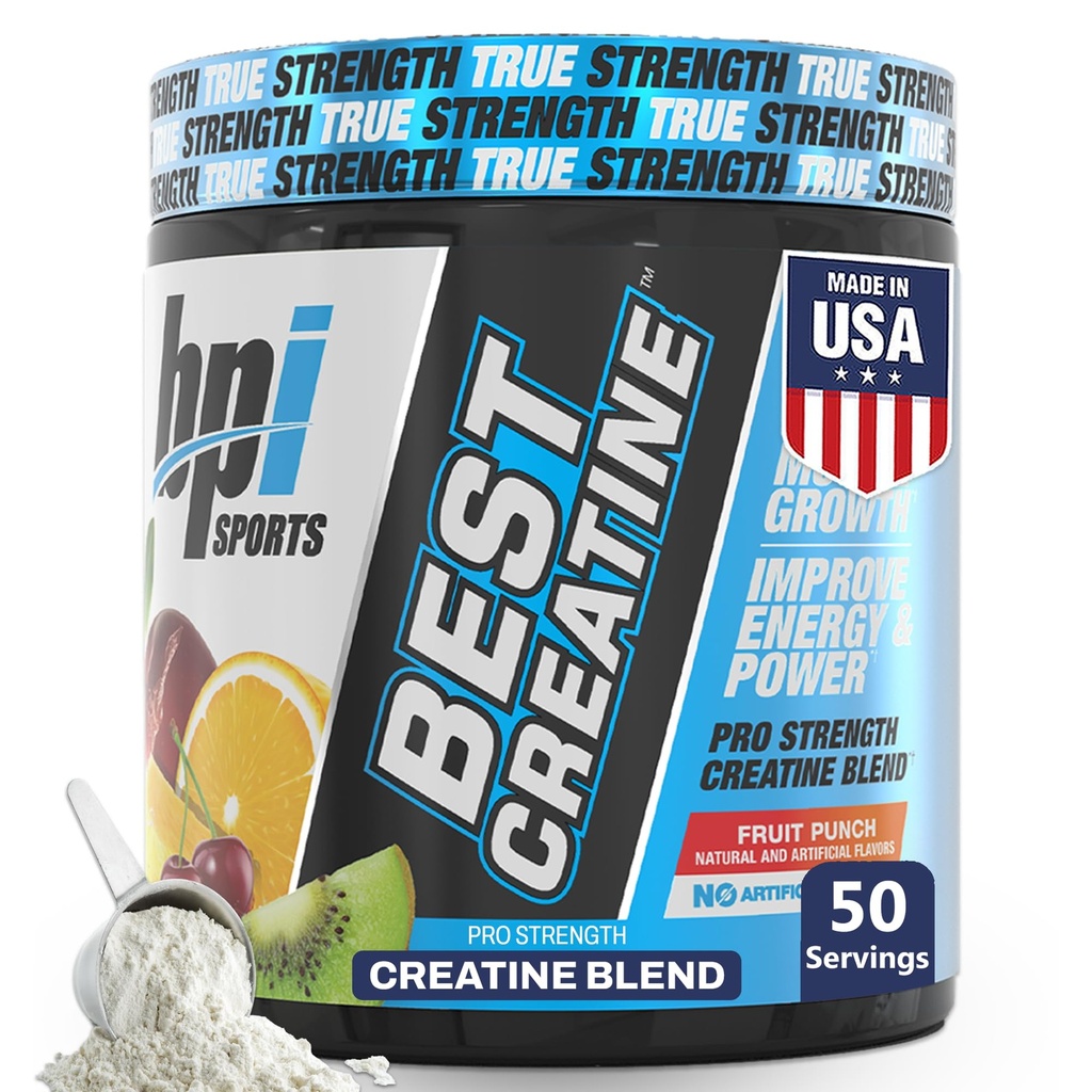 BPI Sports Best Kreatin - Kreatin Monohydrat pulver for menn og kvinner, Himalayan Salt - Styrke, Pump, Endurance, Muskelvekst, Muskelutvikling - No Bloat – Fruit Punch – 50 porsjoner – 10,58 oz