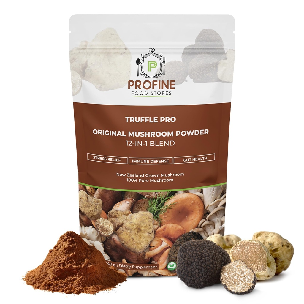 PROFINE Truffle PRO Mushroom Powder 12-in - 1 Super blanding med svart trøffel og hvit truffle - USDA Organic - Supplement - Legg til i kaffe / te / gluten - hele mosjer - Ingen fyllstoff