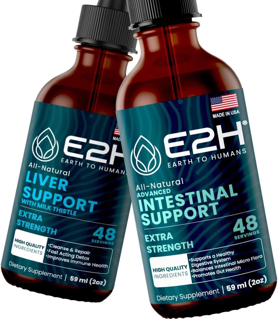 E2H: Liver Support Supplement og avansert intestinal støtte | Vegan, ikke-GMO - 2 Fl Oz Hver (4 Fl Oz Totalt) - Bundle