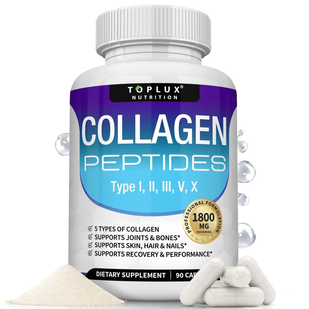 Toplux Multi Collage Peptider piller 1800 Mg kompleks - Type I, II, III, V, X Premium Collage Complex for bedre hud og hår, sterk felles, Hydrolysert protein, for menn kvinner, 90 kapsler, Supplement